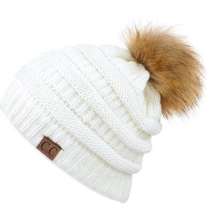 NWOT C.C. Chunky Knit Ivory Pom Pom Slouch Beanie